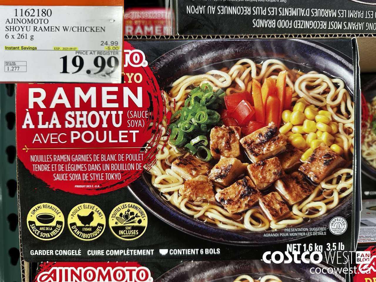 1162180 AJINOMOTO SHOYU RAMEN W/CHICKEN 6 x 261 g ($5.00 INSTANT SAVINGS EXPIRES ON 2025-09-07) $19.99