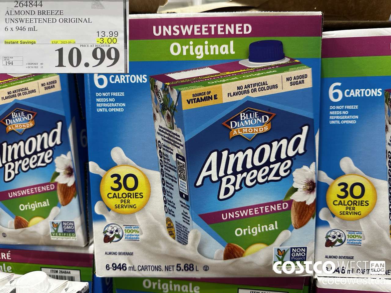 264844 ALMOND BREEZE UNSWEETENED ORIGINAL 6 X 946 ML ($3.00 INSTANT SAVINGS EXPIRES ON 2025-09-14) $10.99
