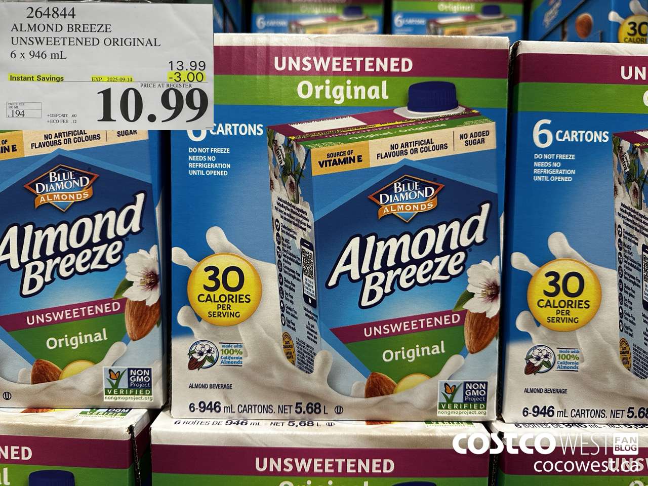 264844 ALMOND BREEZE UNSWEETENED ORIGINAL 6 X 946 ML ($3.00 INSTANT SAVINGS EXPIRES ON 2025-09-14) $10.99