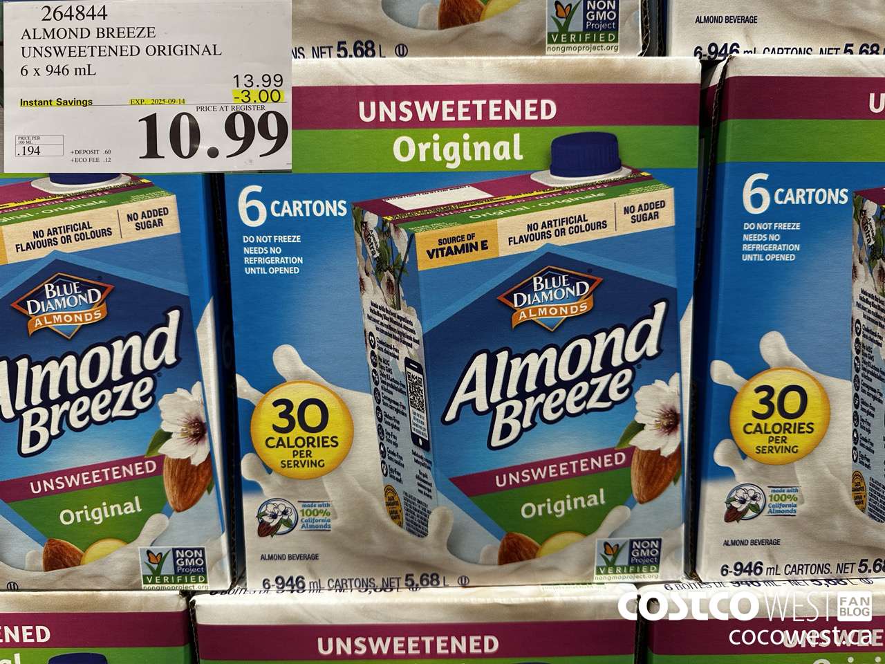 264844 ALMOND BREEZE UNSWEETENED ORIGINAL 6 X 946 ML ($3.00 INSTANT SAVINGS EXPIRES ON 2025-09-14) $10.99