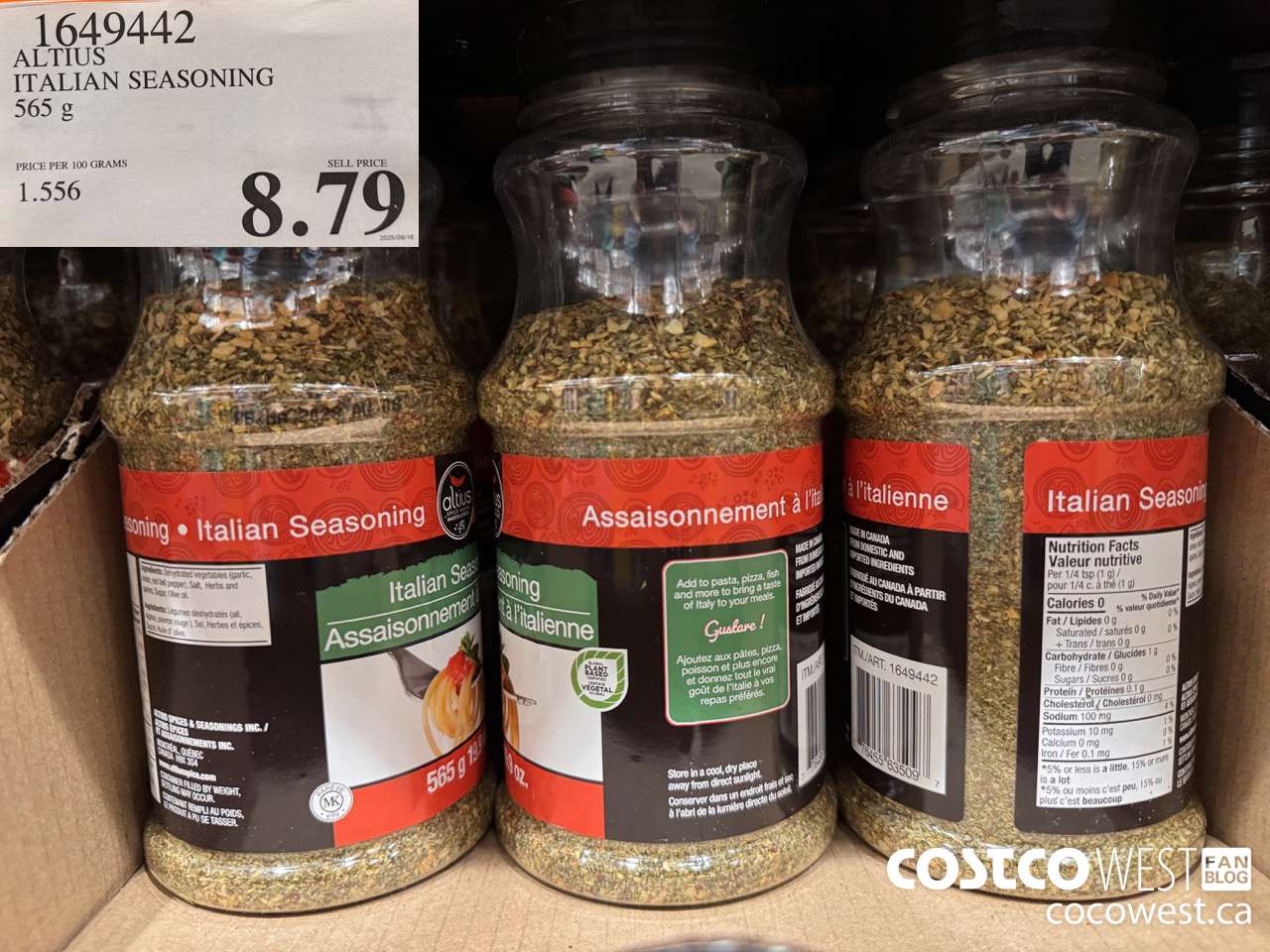 1649442 ALTIUS ITALIAN SEASONING 565 G $8.79