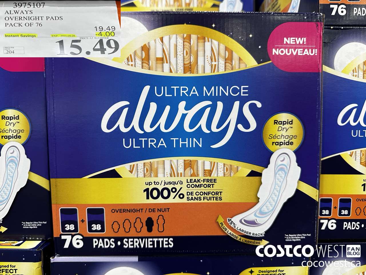 3975107 ALWAYS OVERNIGHT PADS PACK OF 76 ($4.00 INSTANT SAVINGS EXPIRES ON 2025-09-28) $15.49