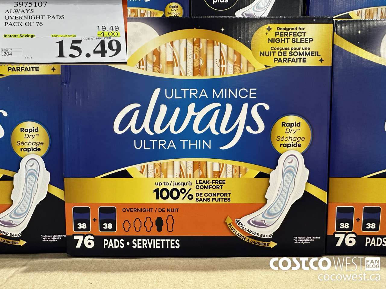 3975107 ALWAYS OVERNIGHT PADS PACK OF 76 ($4.00 INSTANT SAVINGS EXPIRES ON 2025-09-28) $15.49
