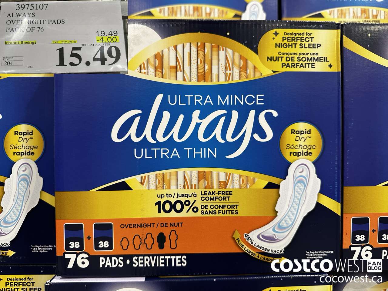3975107 ALWAYS OVERNIGHT PADS PACK OF 76 ($4.00 INSTANT SAVINGS EXPIRES ON 2025-09-28) $15.49