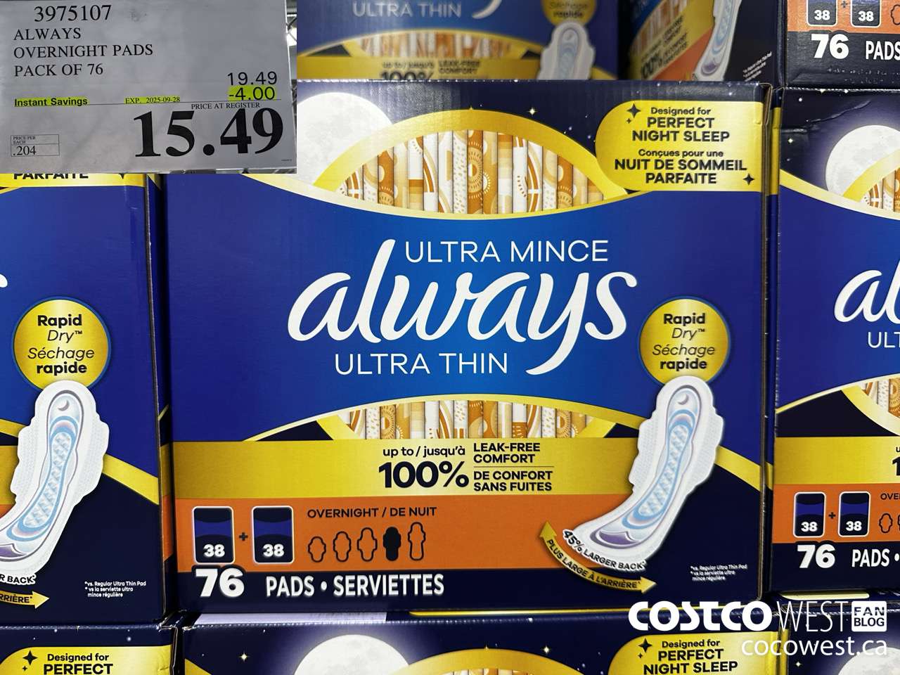 3975107 ALWAYS OVERNIGHT PADS PACK OF 76 ($4.00 INSTANT SAVINGS EXPIRES ON 2025-09-28) $15.49