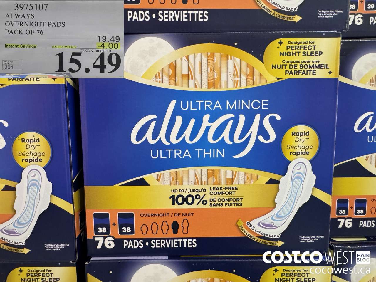 3975107 ALWAYS OVERNIGHT PADS PACK OF 76 ($4.00 INSTANT SAVINGS EXPIRES ON 2025-10-05) $15.49