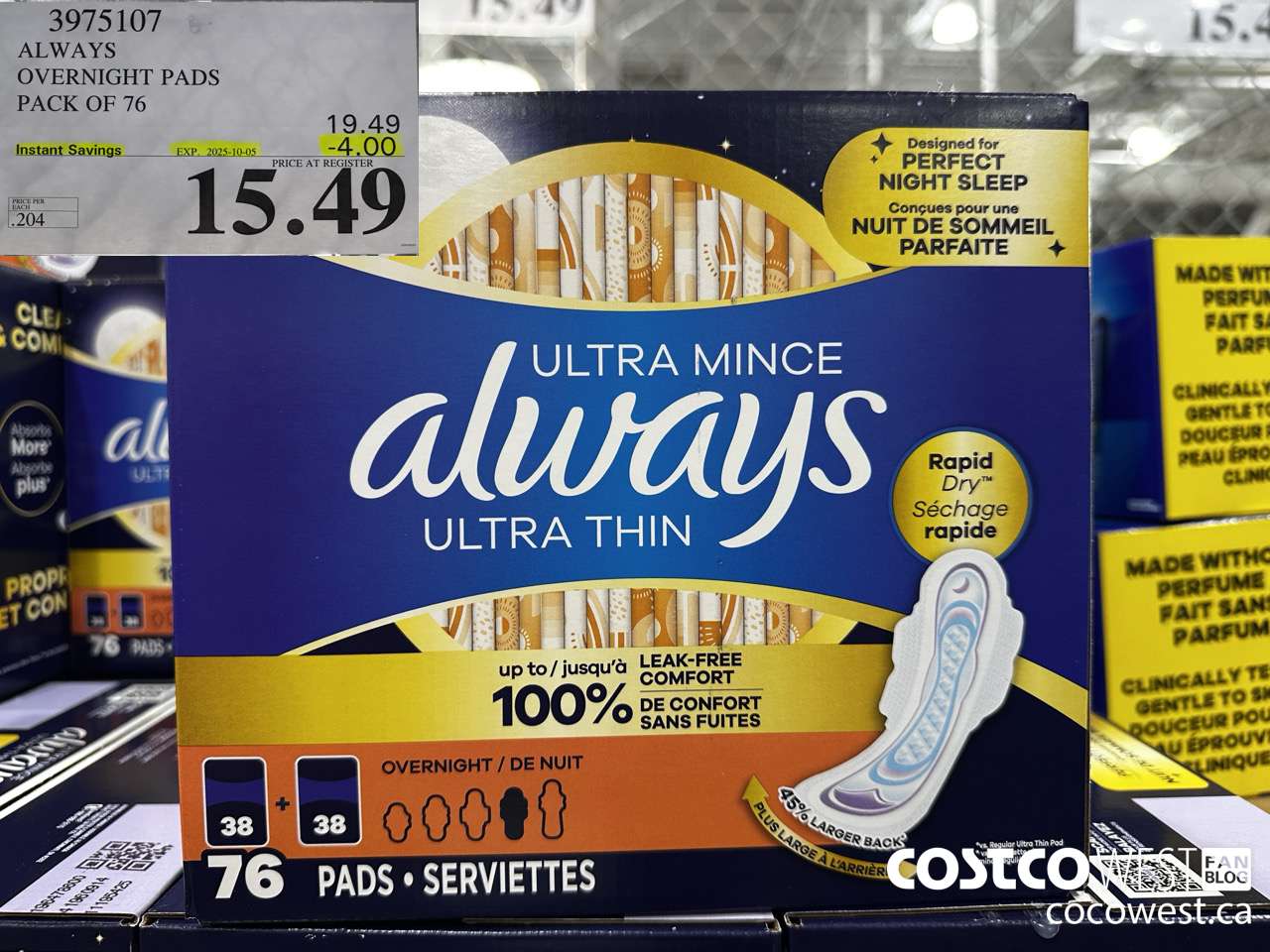 3975107 ALWAYS OVERNIGHT PADS PACK OF 76 ($4.00 INSTANT SAVINGS EXPIRES ON 2025-10-05) $15.49