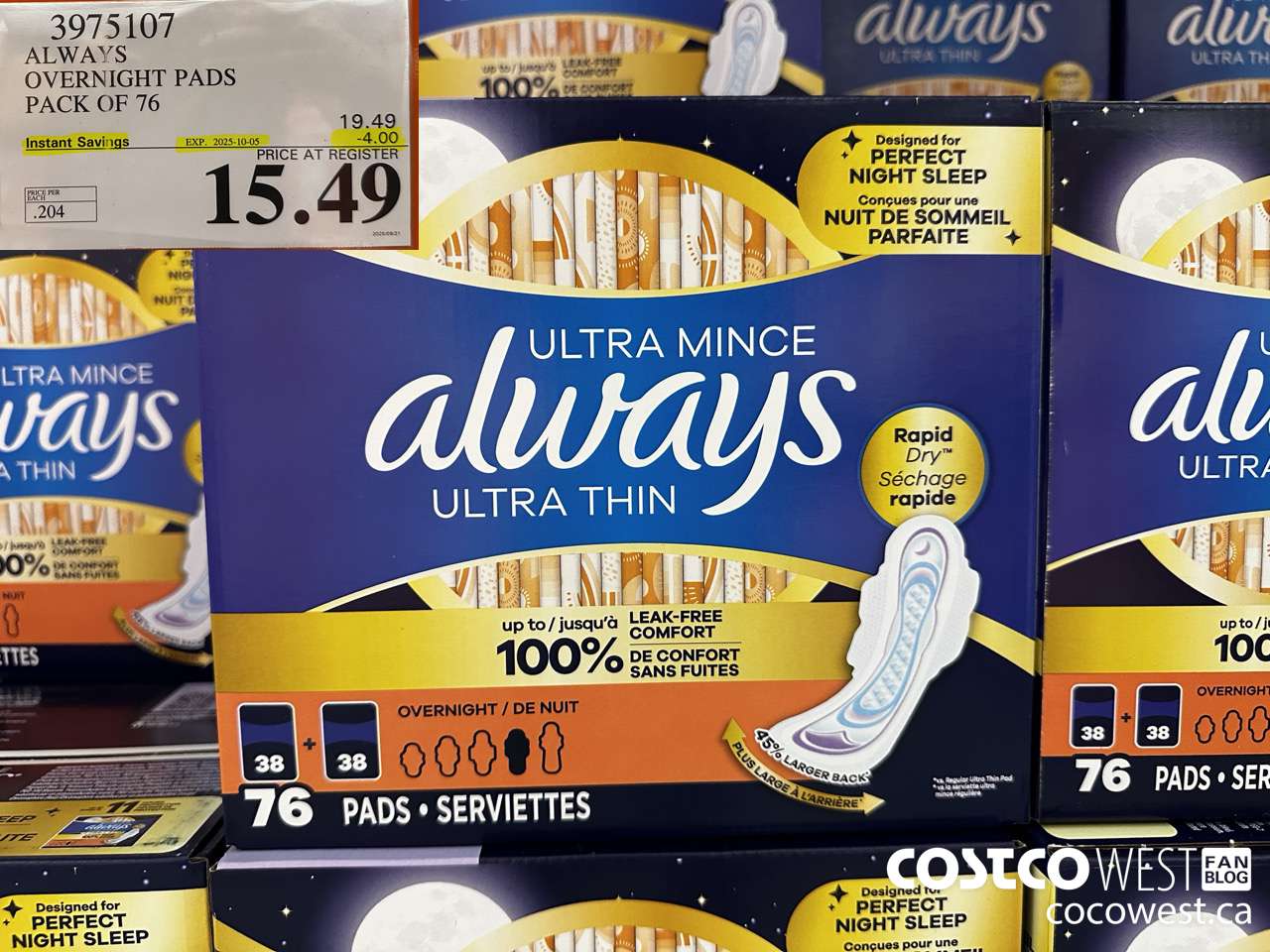 3975107 ALWAYS OVERNIGHT PADS PACK OF 76 ($4.00 INSTANT SAVINGS EXPIRES ON 2025-10-05) $15.49
