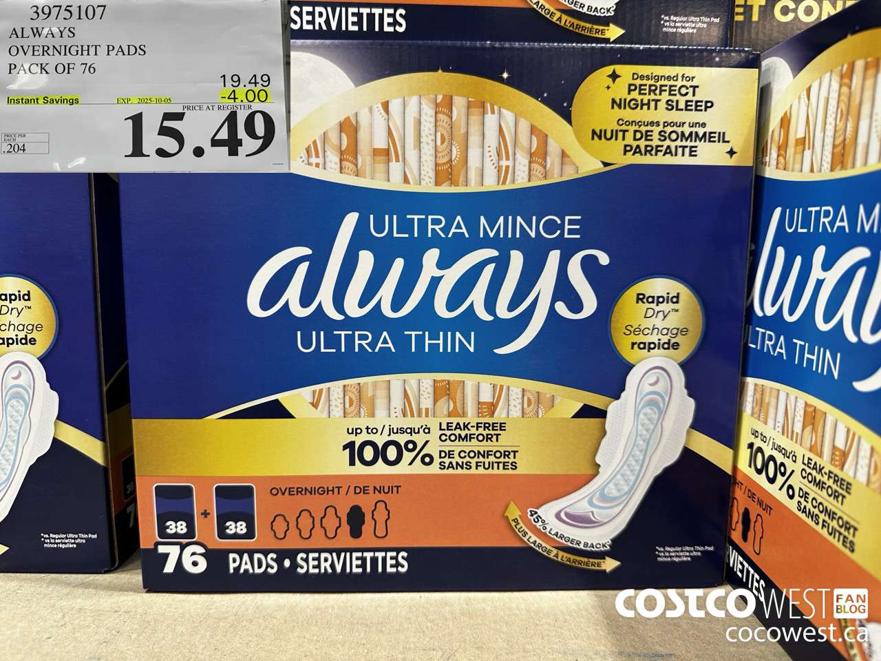 3975107 ALWAYS OVERNIGHT PADS PACK OF 76 ($4.00 INSTANT SAVINGS EXPIRES ON 2025-10-05) $15.49