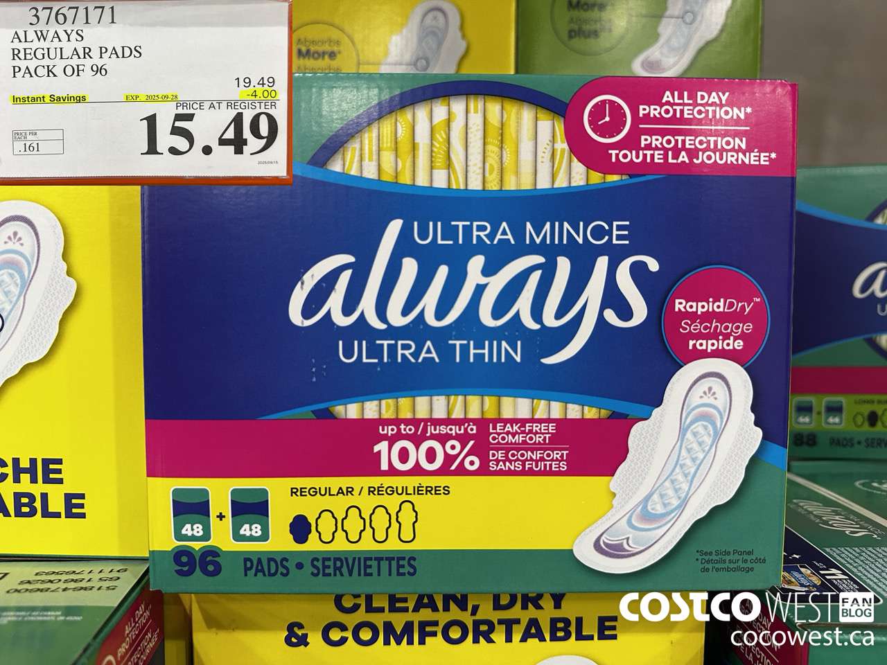 3767171 ALWAYS REGULAR PADS PACK OF 96 ($4.00 INSTANT SAVINGS EXPIRES ON 2025-09-28) $15.49