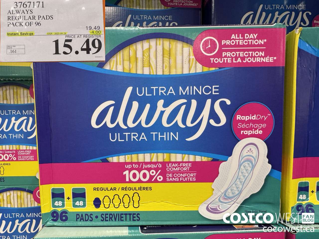 3767171 ALWAYS REGULAR PADS PACK OF 96 ($4.00 INSTANT SAVINGS EXPIRES ON 2025-09-28) $15.49