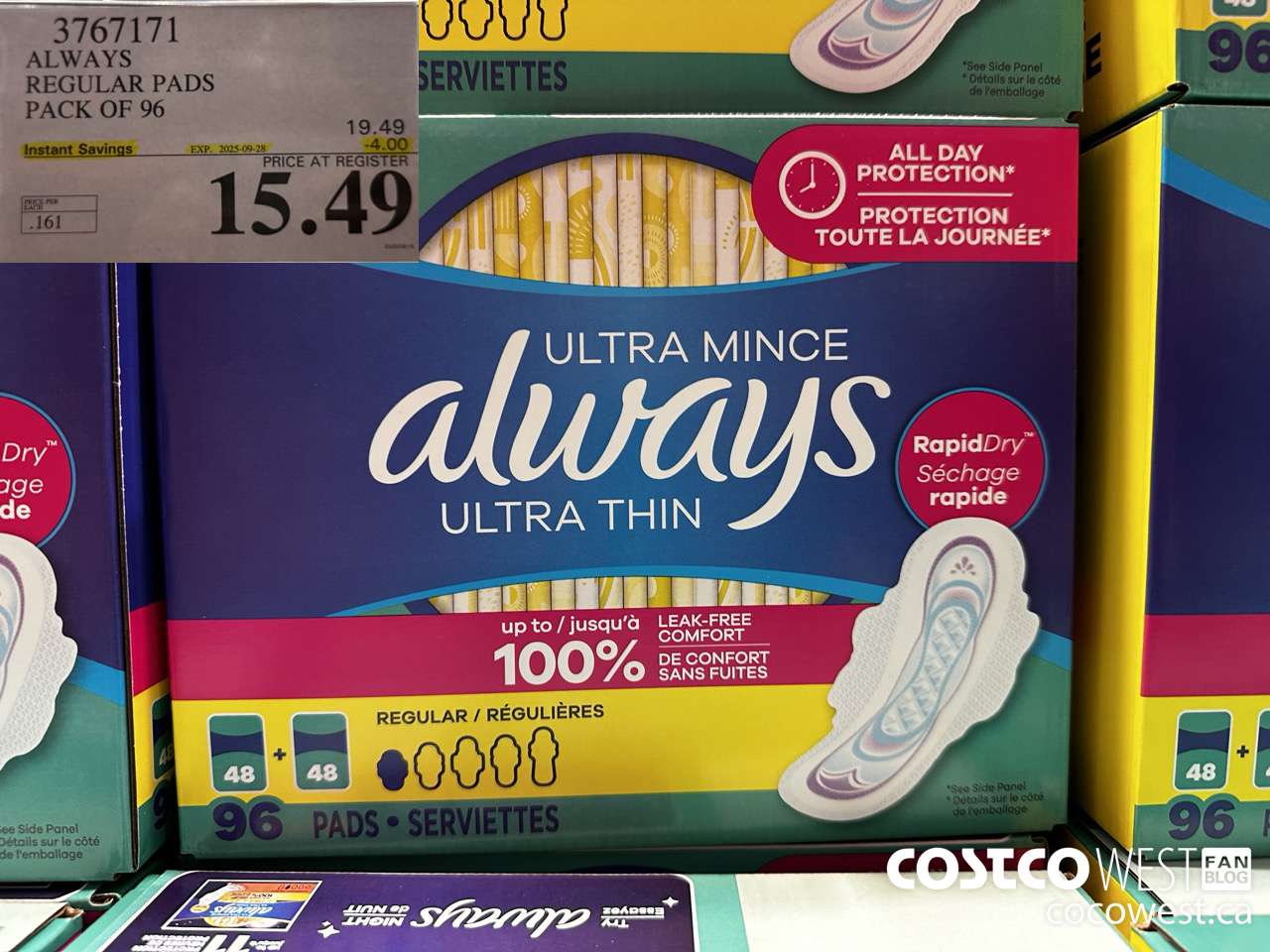 3767171 ALWAYS REGULAR PADS PACK OF 96 ($4.00 INSTANT SAVINGS EXPIRES ON 2025-09-28) $15.49