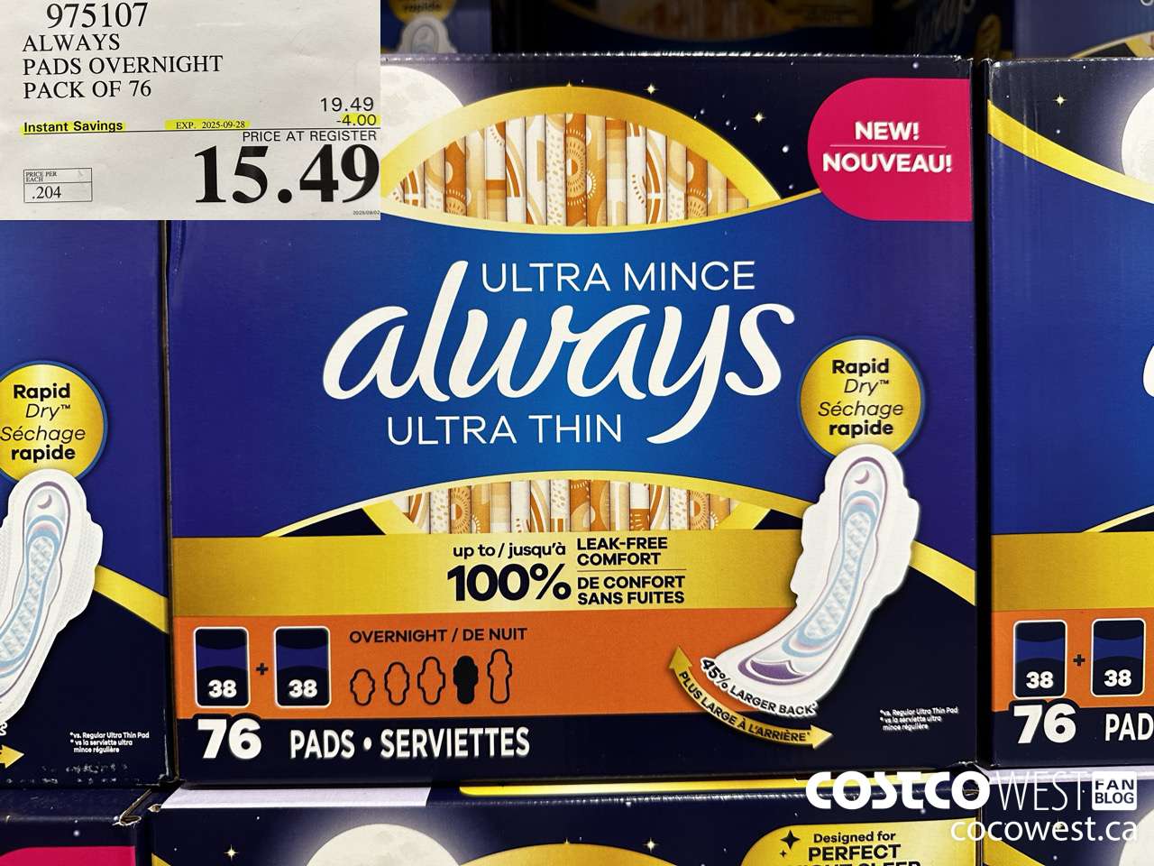 975107 ALWAYS ULTRA THIN PADS OVERNIGHT BOX OF 76 ($4.00 INSTANT SAVINGS EXPIRES ON 2025-09-28) $15.49