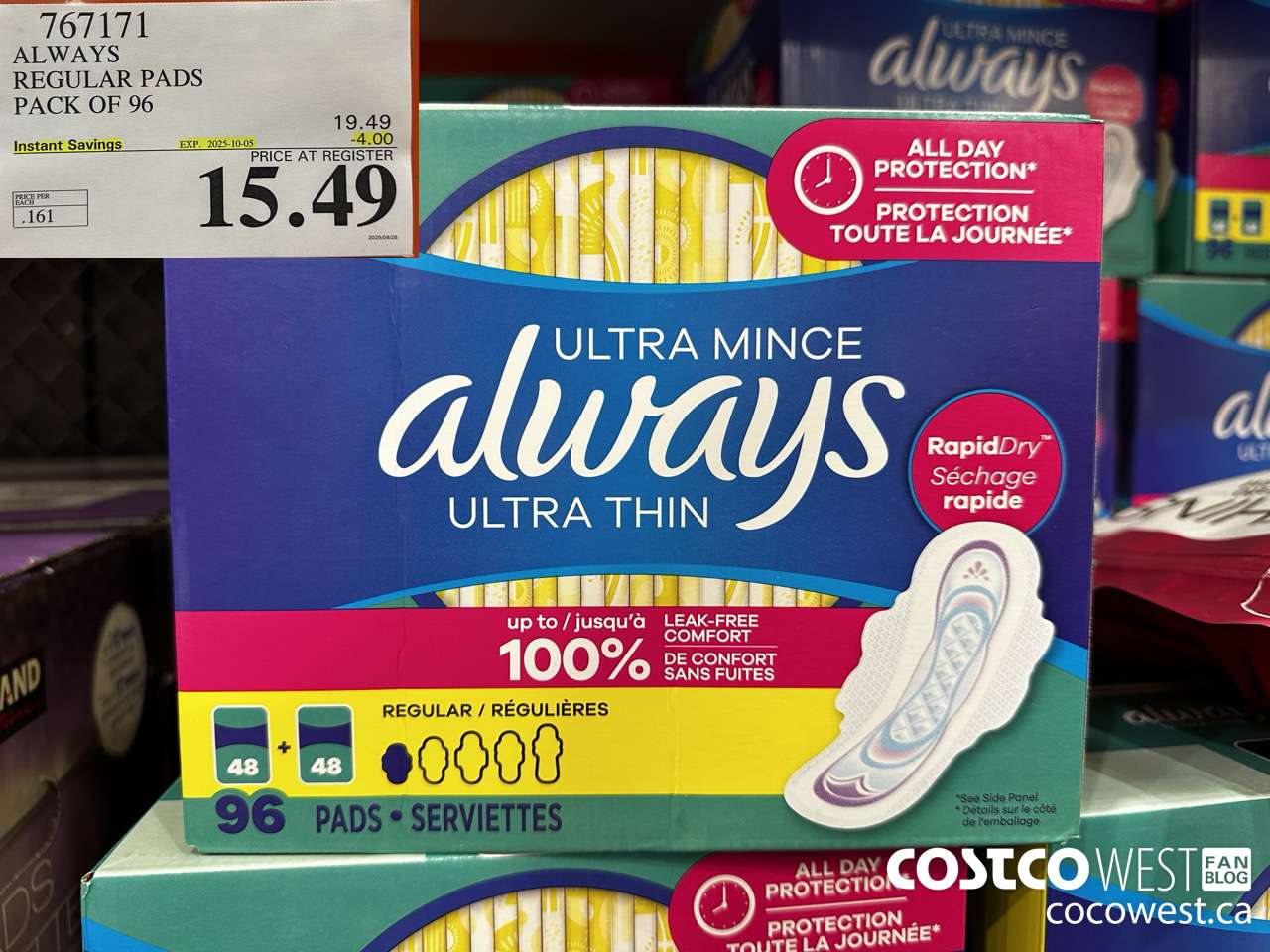 767171 ALWAYS ULTRA THIN PADS REGULAR 96CT ($4.00 INSTANT SAVINGS EXPIRES ON 2025-10-05) $15.49