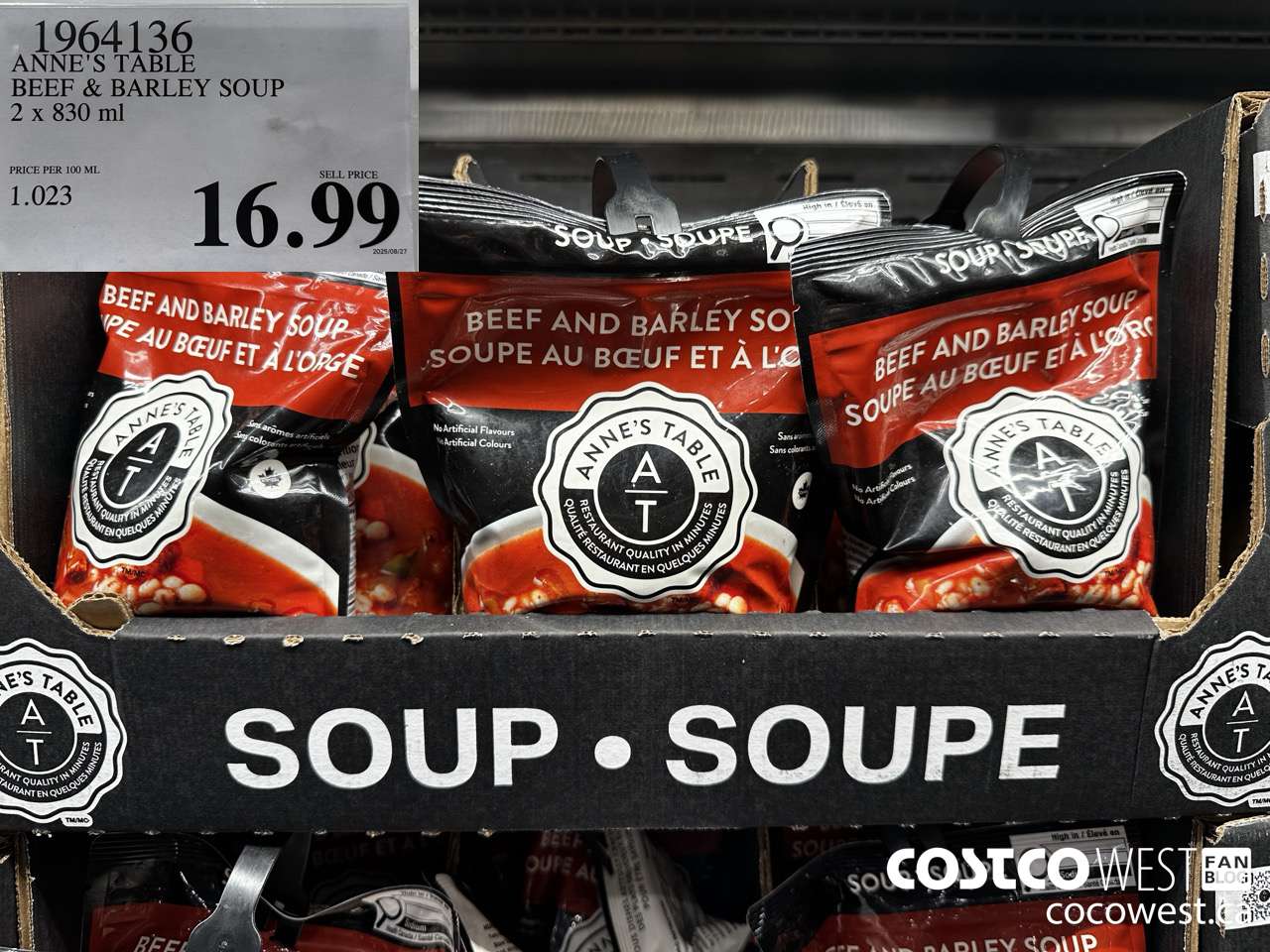 1964136 ANNE'S TABLE BEEF & BARLEY SOUP 2 X 830ML $16.99