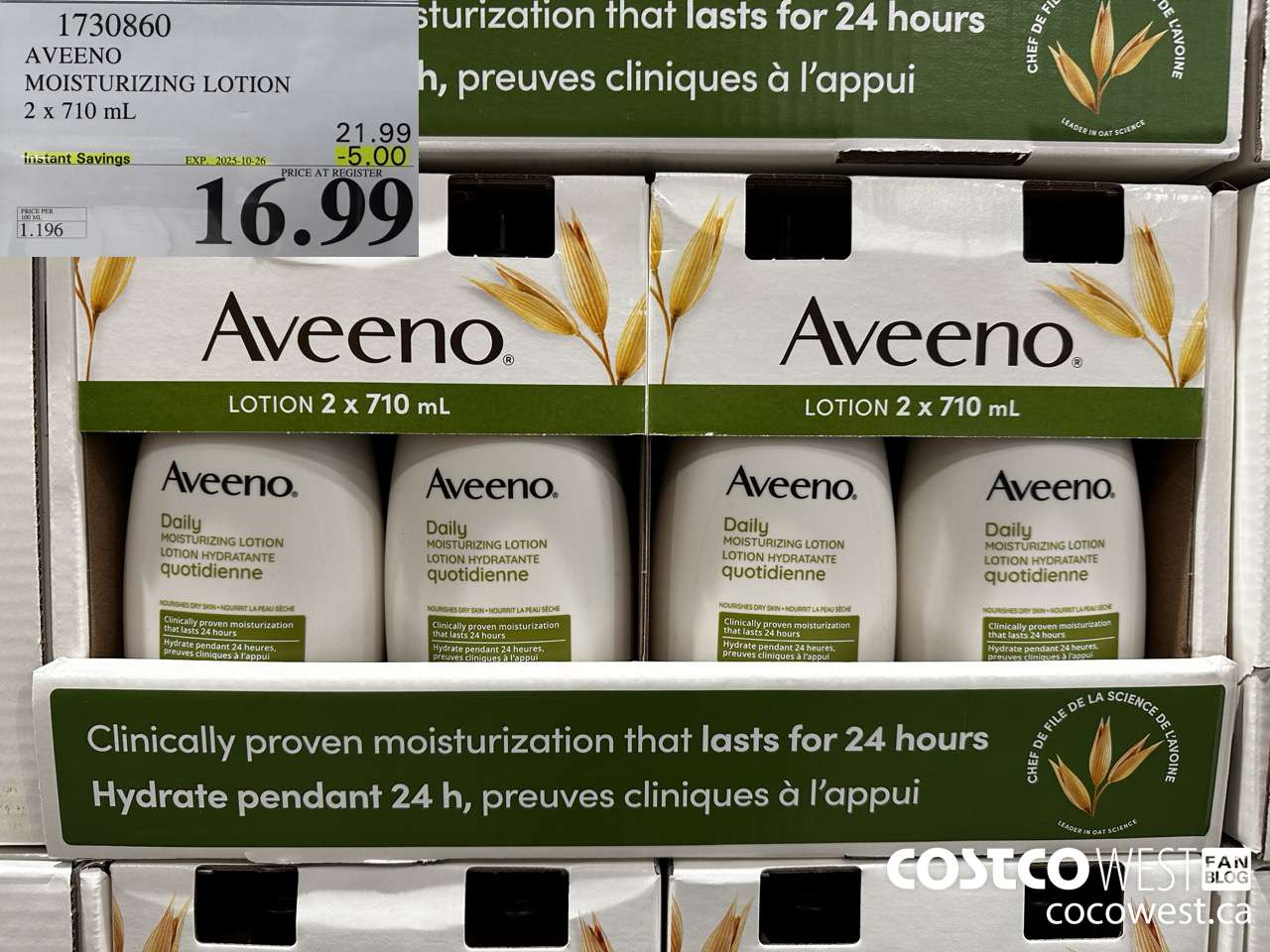 1730860 AVEENO MOISTURIZING LOTION 2 X 710ML ($5.00 INSTANT SAVINGS EXPIRES ON 2025-10-26) $16.99