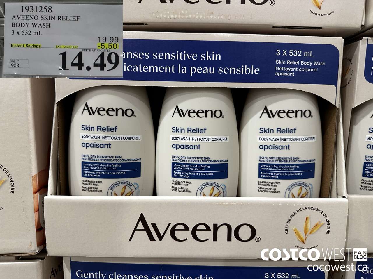 1931258 AVEENO SKIN RELIEF BODY WASH 3 X 532ML ($5.50 INSTANT SAVINGS EXPIRES ON 2025-10-26) $14.49