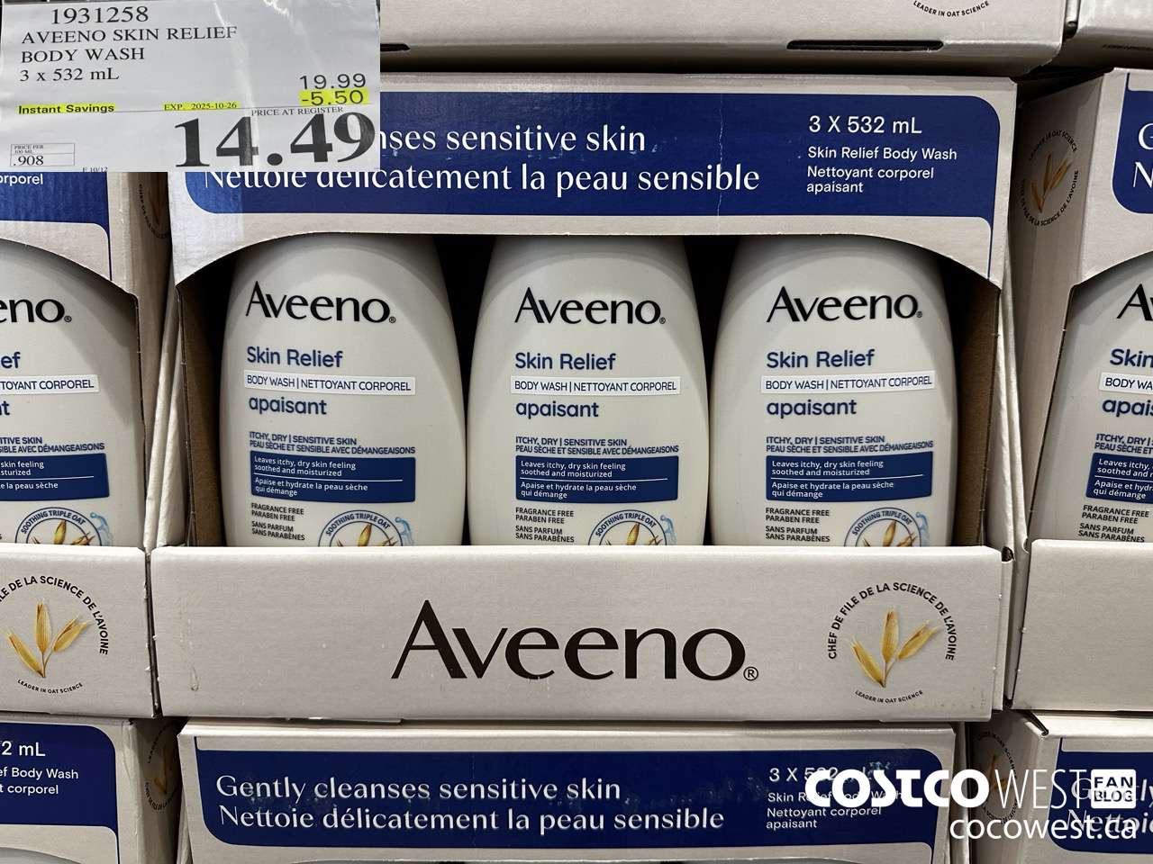 1931258 AVEENO SKIN RELIEF BODY WASH 3 X 532ML ($5.50 INSTANT SAVINGS EXPIRES ON 2025-10-26) $14.49