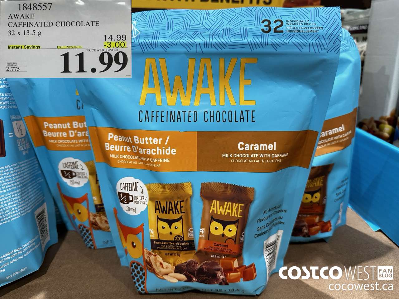 1848557 AWAKE CAFFINATED CHOCOLATE 32 X 13.5G ($3.00 INSTANT SAVINGS EXPIRES ON 2025-09-14) $11.99