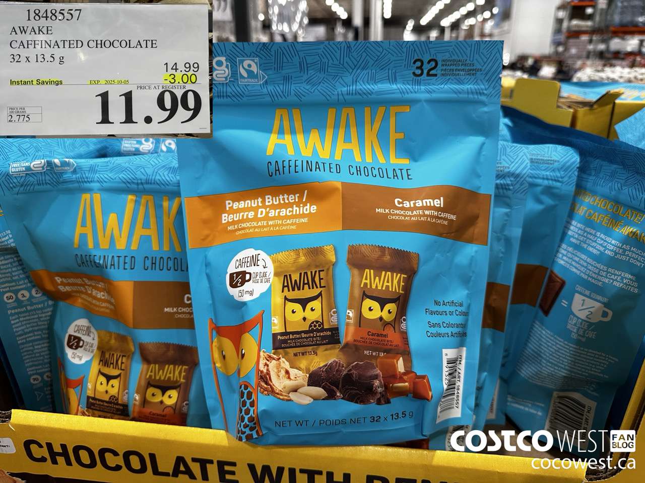 1848557 AWAKE CAFFINATED CHOCOLATE 32 X 13.5G ($3.00 INSTANT SAVINGS EXPIRES ON 2025-10-05) $11.99