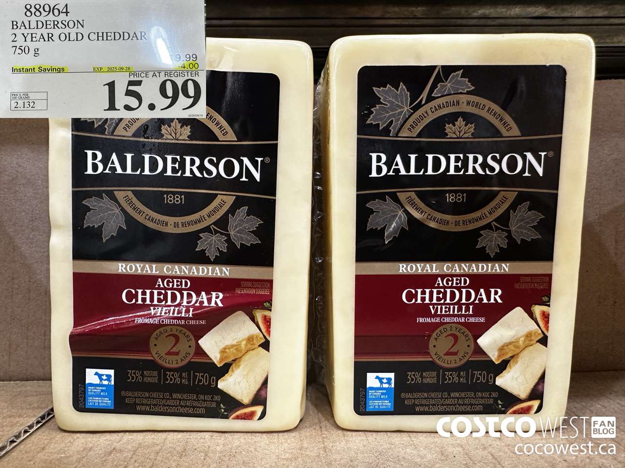 88964 BALDERSON 2 YEAR OLD CHEDDAR 750 g ($4.00 INSTANT SAVINGS EXPIRES ON 2025-09-28) $15.99