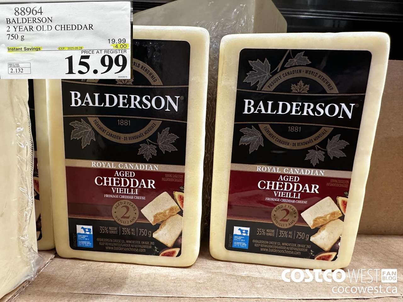 88964 BALDERSON 2 YEAR OLD CHEDDAR 750 g ($4.00 INSTANT SAVINGS EXPIRES ON 2025-09-28) $15.99