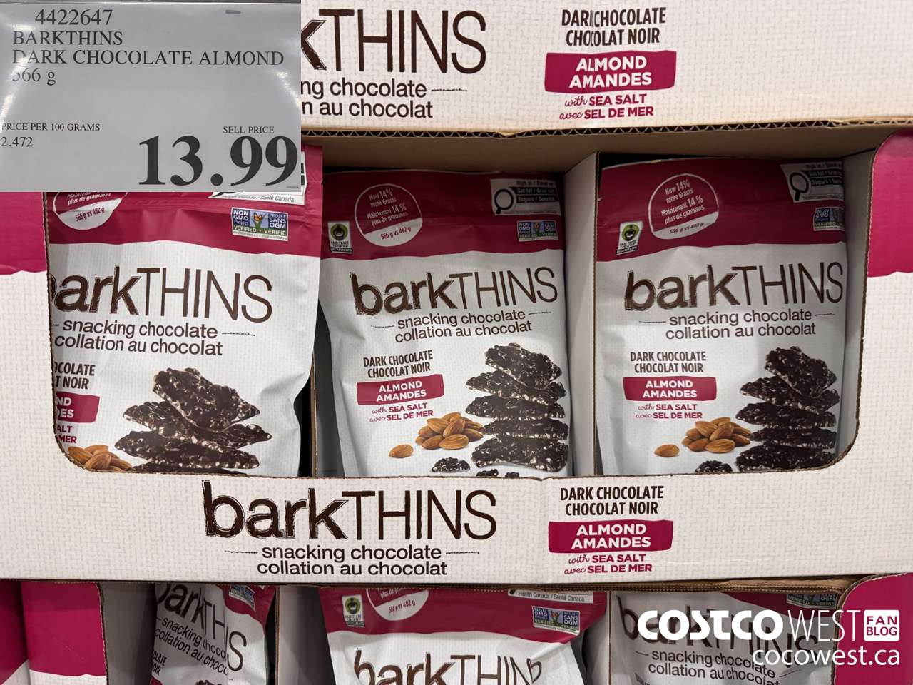 4422647 BARKTHINS DARK CHOCOLATE ALMOND 566G $13.99