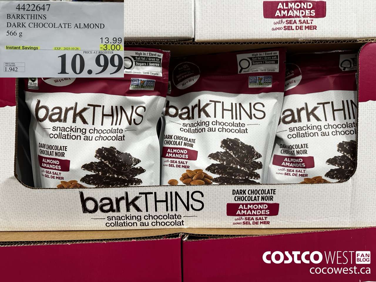 4422647 BARKTHINS DARK CHOCOLATE ALMOND 566G ($3.00 INSTANT SAVINGS EXPIRES ON 2025-10-26) $10.99
