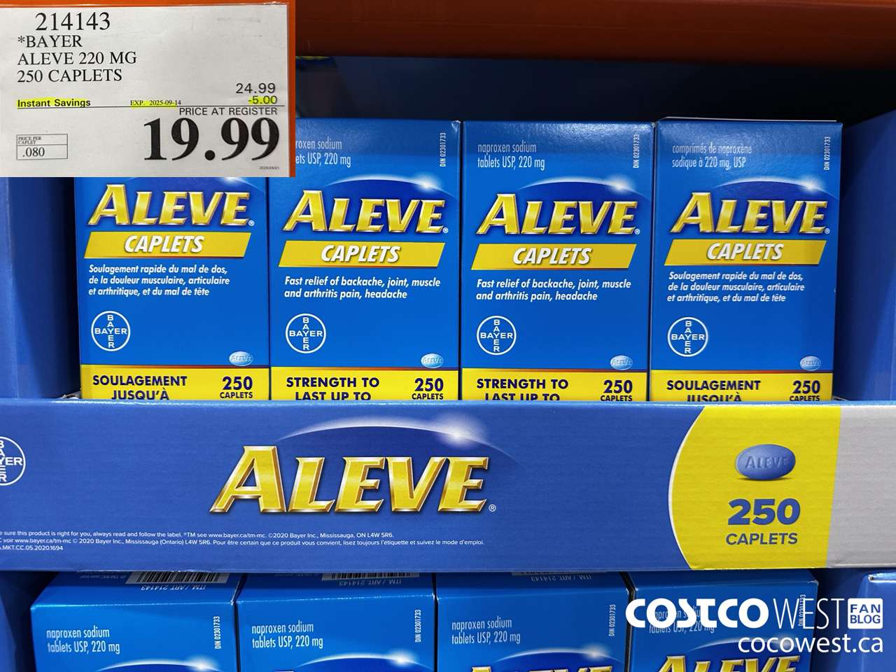 214143 BAYER ALEVE 220 MG 250 CAPLETS ($5.00 INSTANT SAVINGS EXPIRES ON 2025-09-14) $19.99