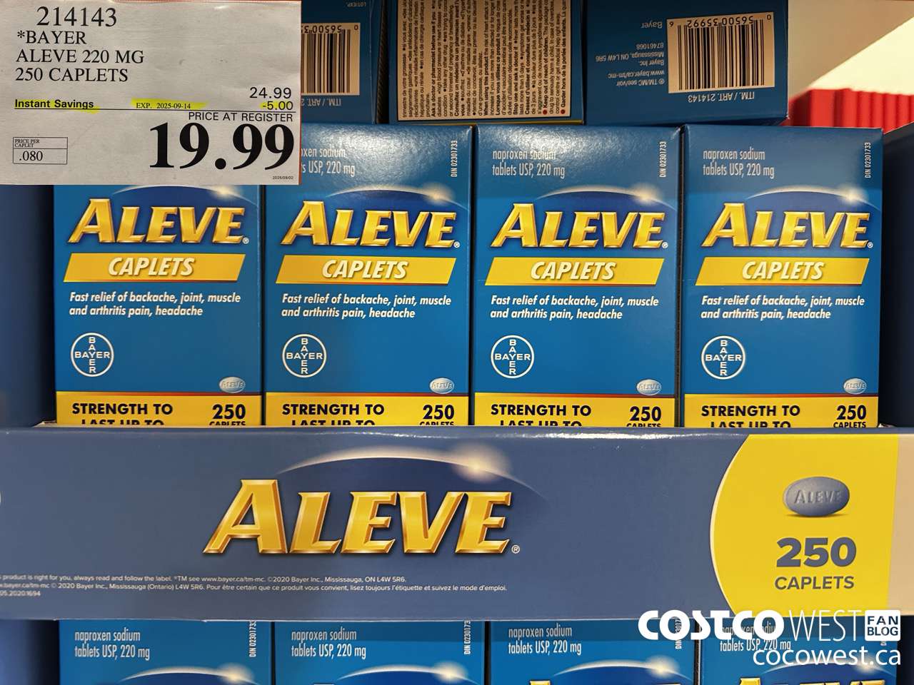 214143 BAYER ALEVE 220 MG 250 CAPLETS ($5.00 INSTANT SAVINGS EXPIRES ON 2025-09-14) $19.99