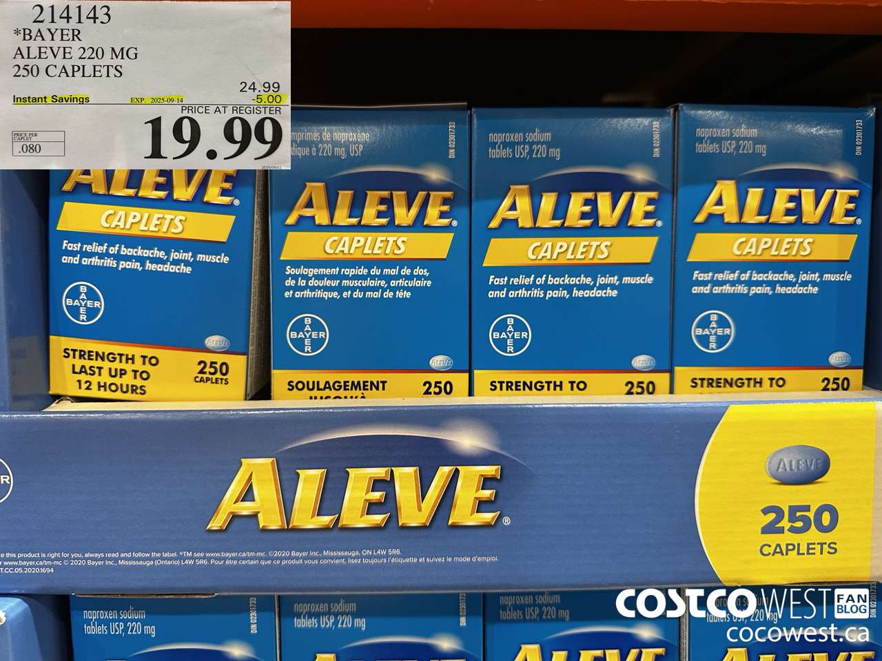 214143 BAYER ALEVE 220 MG 250 CAPLETS ($5.00 INSTANT SAVINGS EXPIRES ON 2025-09-14) $19.99
