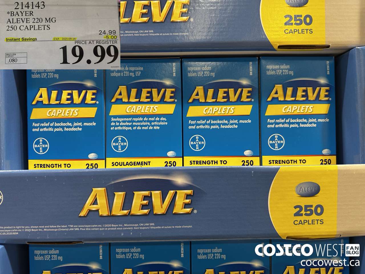 214143 BAYER ALEVE 220 MG 250 CAPLETS ($5.00 INSTANT SAVINGS EXPIRES ON 2025-09-14) $19.99