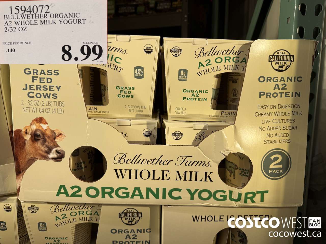 1594072 BELLWETHER ORGANIC A2 WHOLE MILK YOGURT 2/32 OZ $8.99