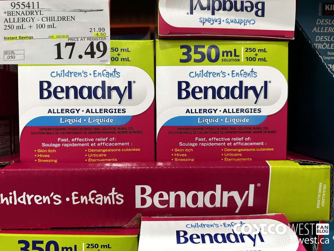 955411 BENADRYL ALLERGY FOR CHILDREN 250 ml+ 100 ml ($4.50 INSTANT SAVINGS EXPIRES ON 2025-09-28) $17.49