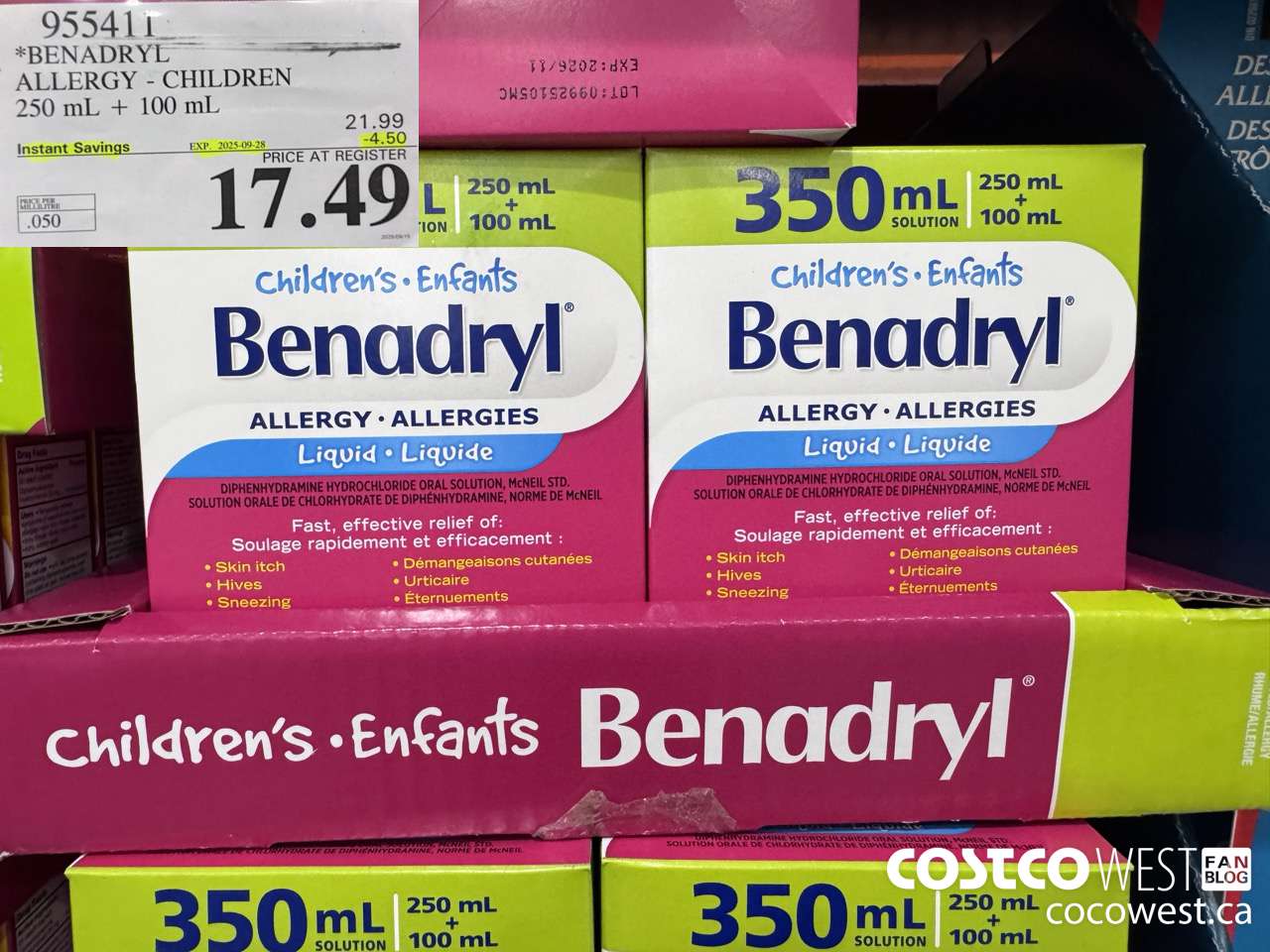 955411 BENADRYL ALLERGY FOR CHILDREN 250 ml+ 100 ml ($4.50 INSTANT SAVINGS EXPIRES ON 2025-09-28) $17.49