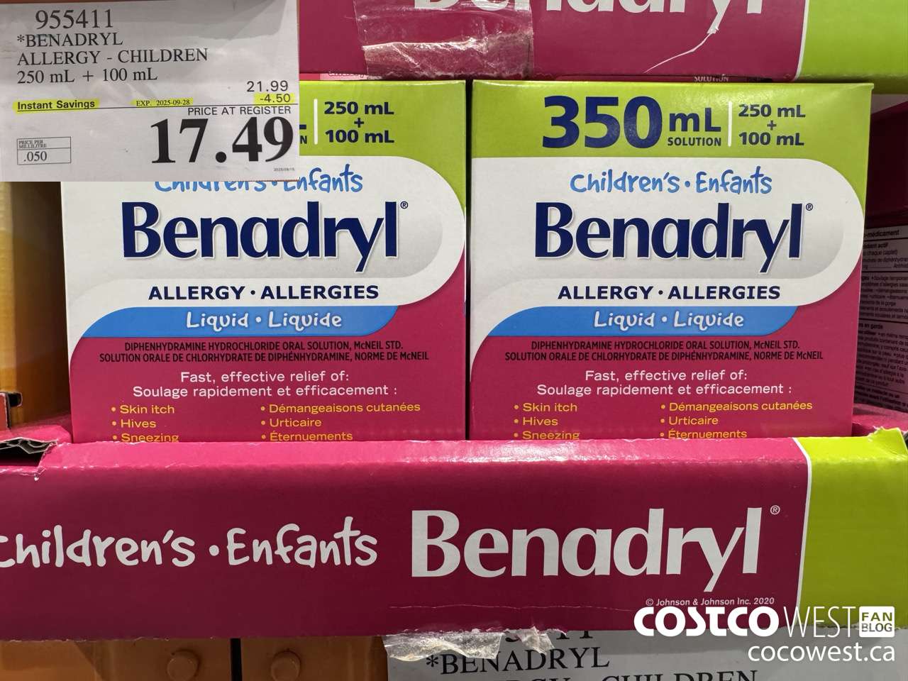955411 BENADRYL ALLERGY FOR CHILDREN 250 ml+ 100 ml ($4.50 INSTANT SAVINGS EXPIRES ON 2025-09-28) $17.49