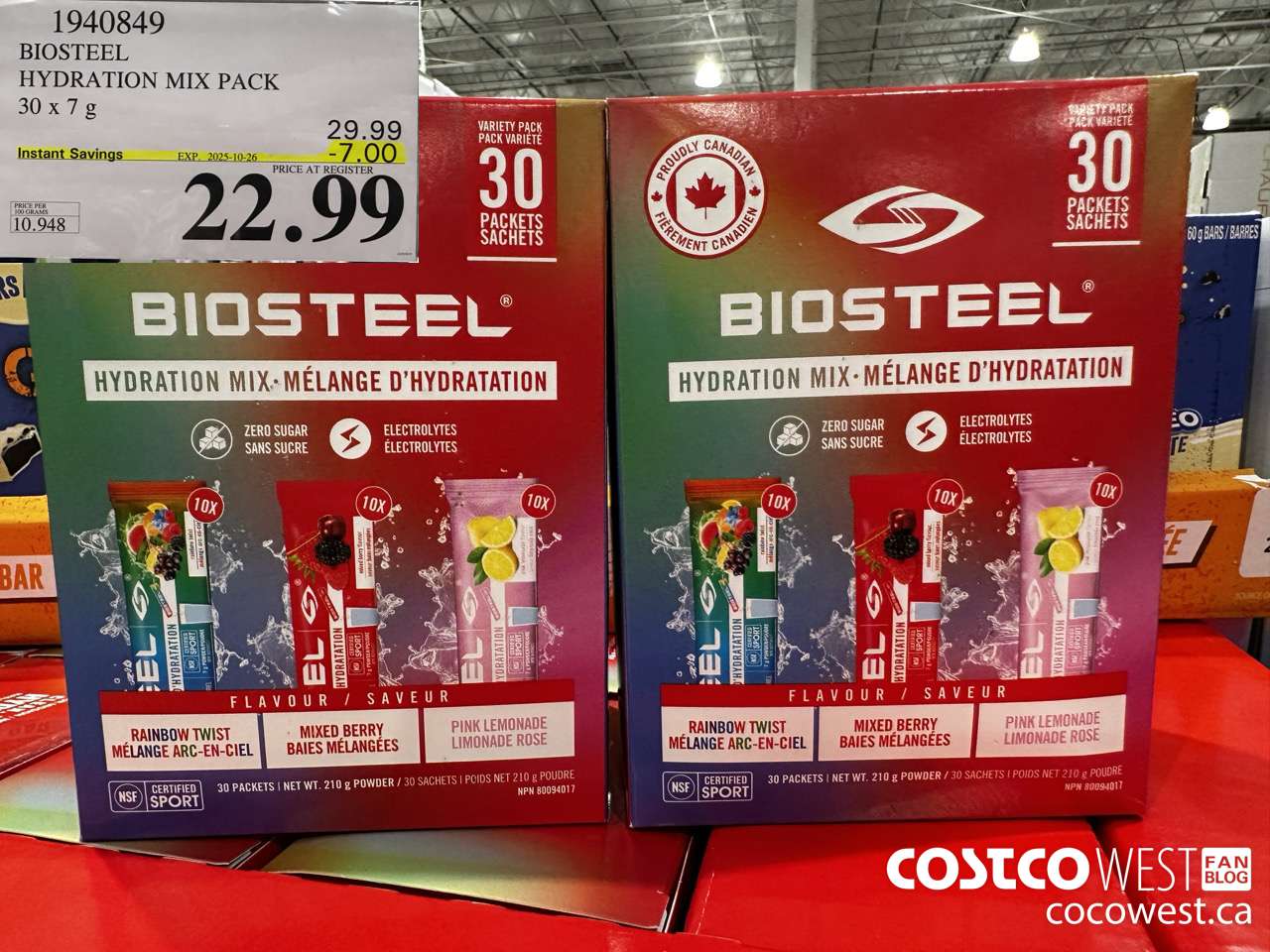 1940849 BIOSTEEL HYDRATION MIX PACK 30 X 7G ($7.00 INSTANT SAVINGS EXPIRES ON 2025-10-26) $22.99