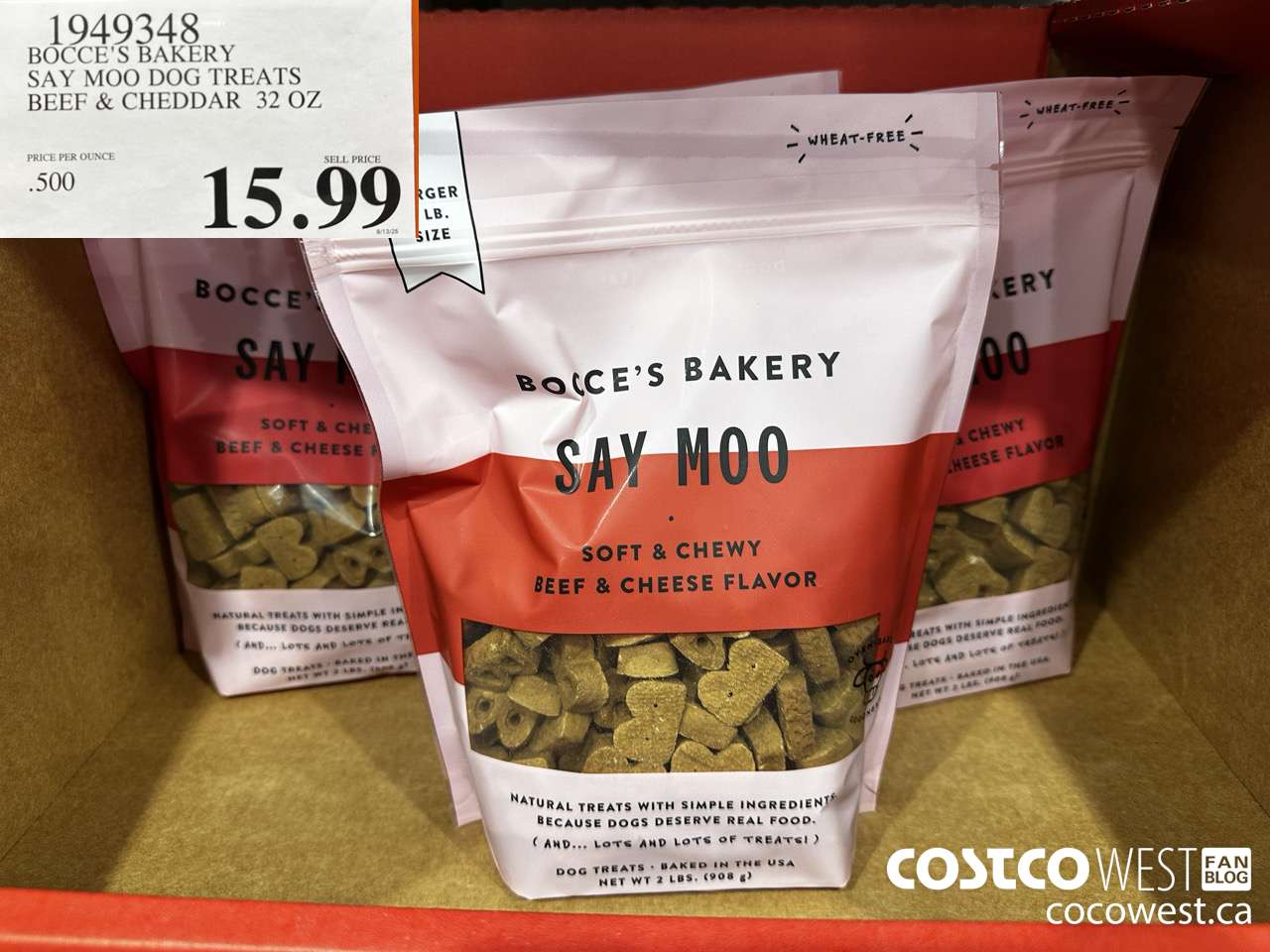 1949348 BOCCE'S BAKERY SAY MOO DOG TREATS BEEF & CHEDDAR 32 OZ $15.99