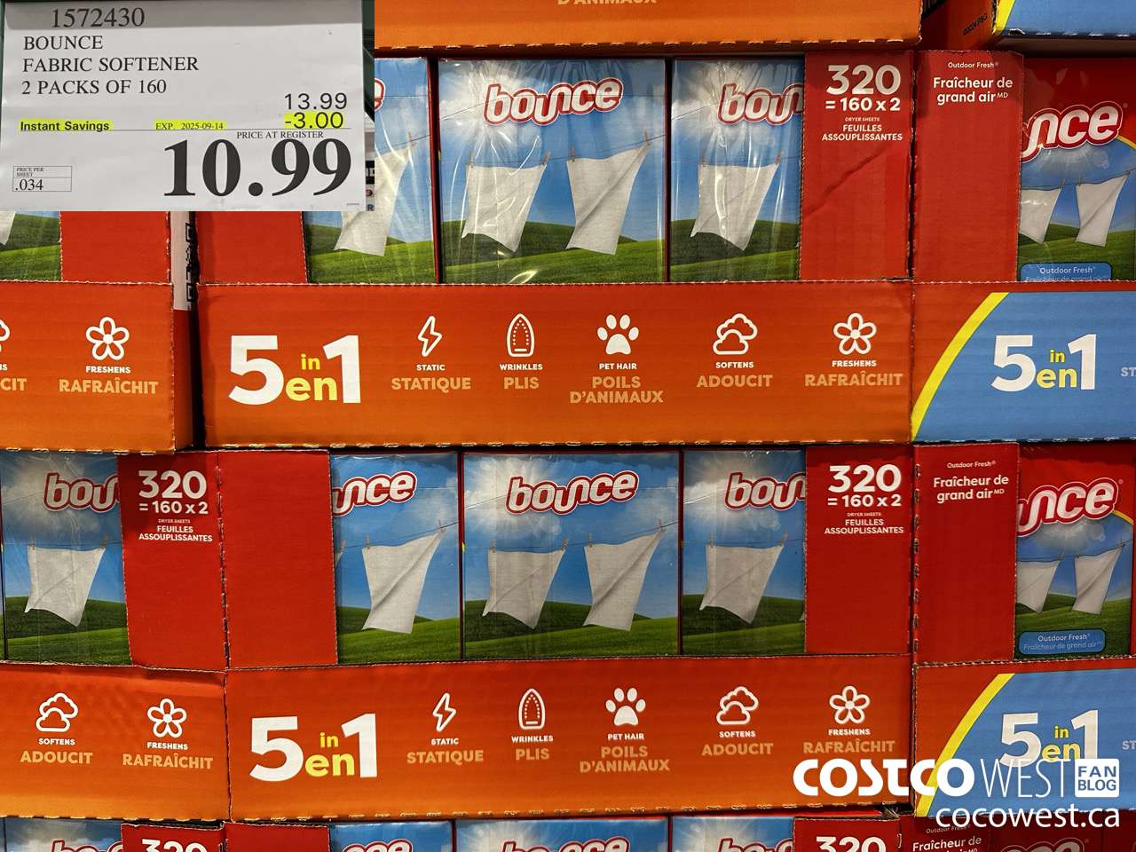 1572430 BOUNCE FABRIC SOFTENER 2 X 160 SHEETS ($3.00 INSTANT SAVINGS EXPIRES ON 2025-09-14) $10.99