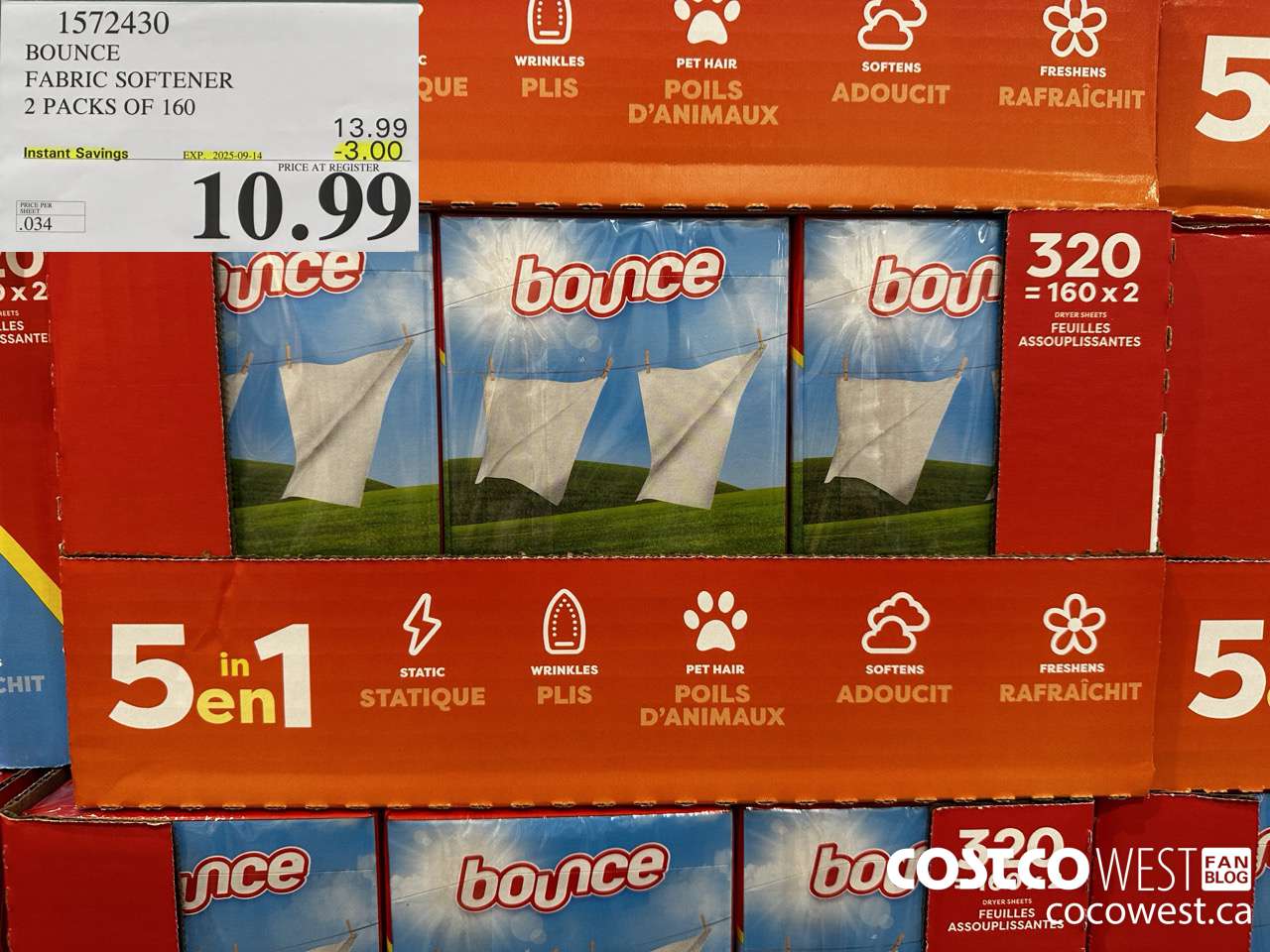 1572430 BOUNCE FABRIC SOFTENER 2 X 160 SHEETS ($3.00 INSTANT SAVINGS EXPIRES ON 2025-09-14) $10.99