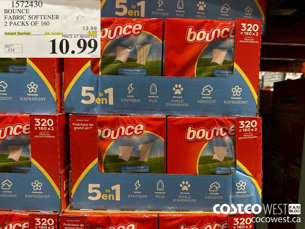 1572430 BOUNCE FABRIC SOFTENER 2 X 160 SHEETS ($3.00 INSTANT SAVINGS EXPIRES ON 2025-09-14) $10.99