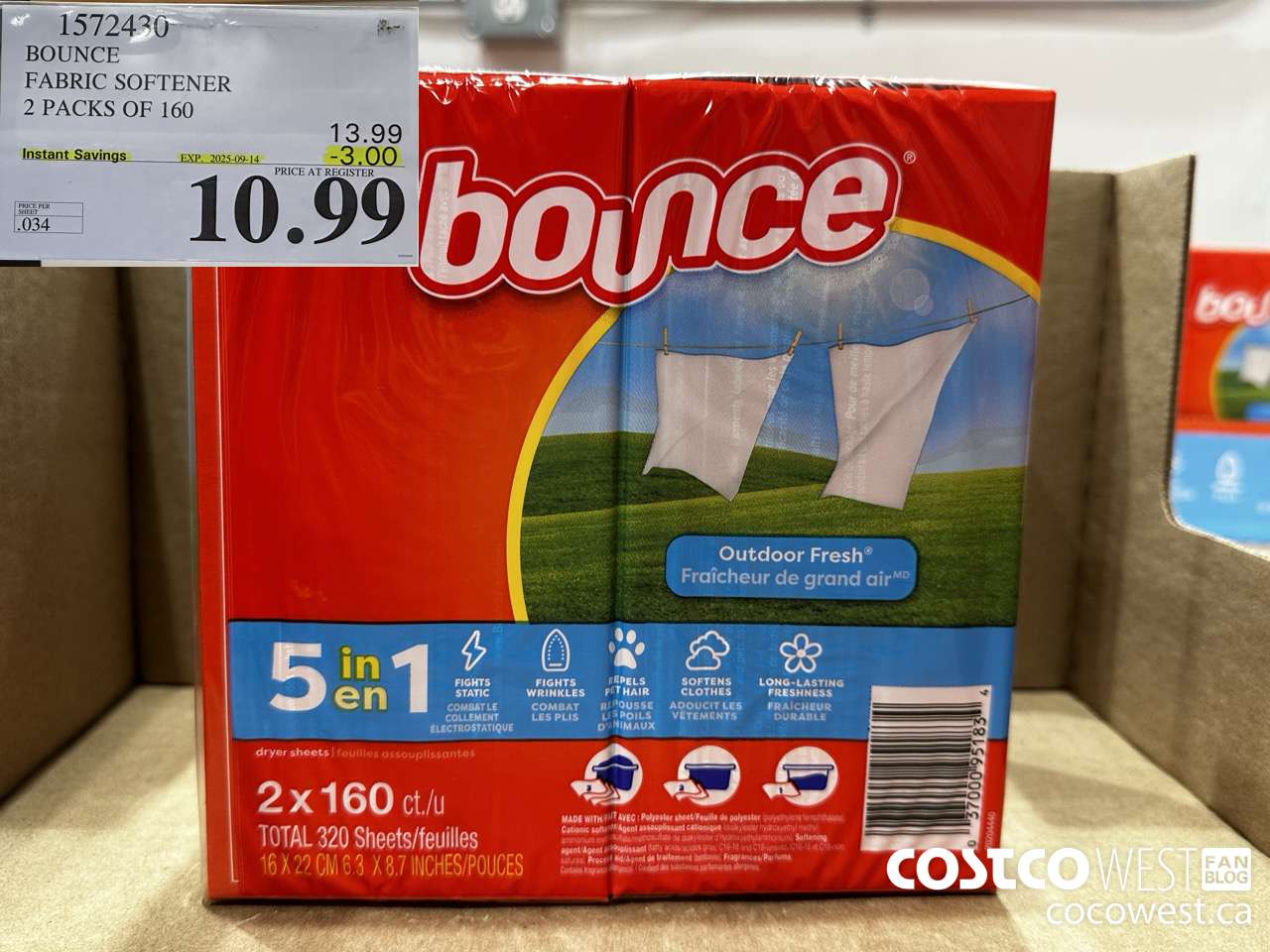 1572430 BOUNCE FABRIC SOFTENER 2 X 160 SHEETS ($3.00 INSTANT SAVINGS EXPIRES ON 2025-09-14) $10.99