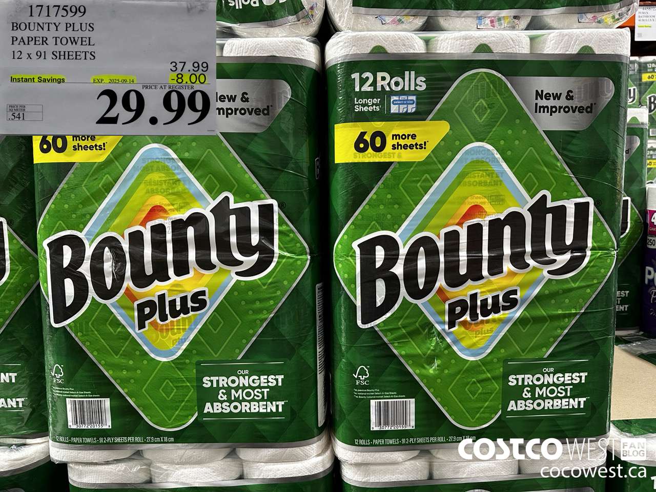 1717599 BOUNTY PLUS PAPER TOWEL 12 X 91 SHEETS ($8.00 INSTANT SAVINGS EXPIRES ON 2025-09-14) $29.99