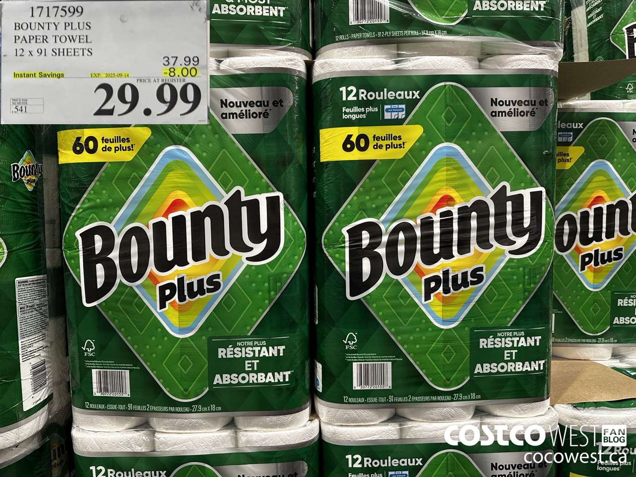 1717599 BOUNTY PLUS PAPER TOWEL 12 X 91 SHEETS ($8.00 INSTANT SAVINGS EXPIRES ON 2025-09-14) $29.99