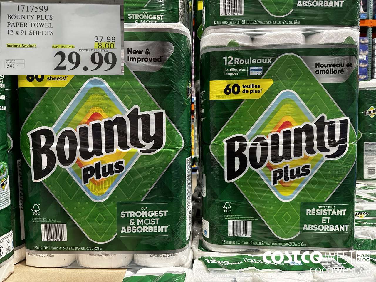 1717599 BOUNTY PLUS PAPER TOWEL 12 X 91 SHEETS ($8.00 INSTANT SAVINGS EXPIRES ON 2025-09-14) $29.99