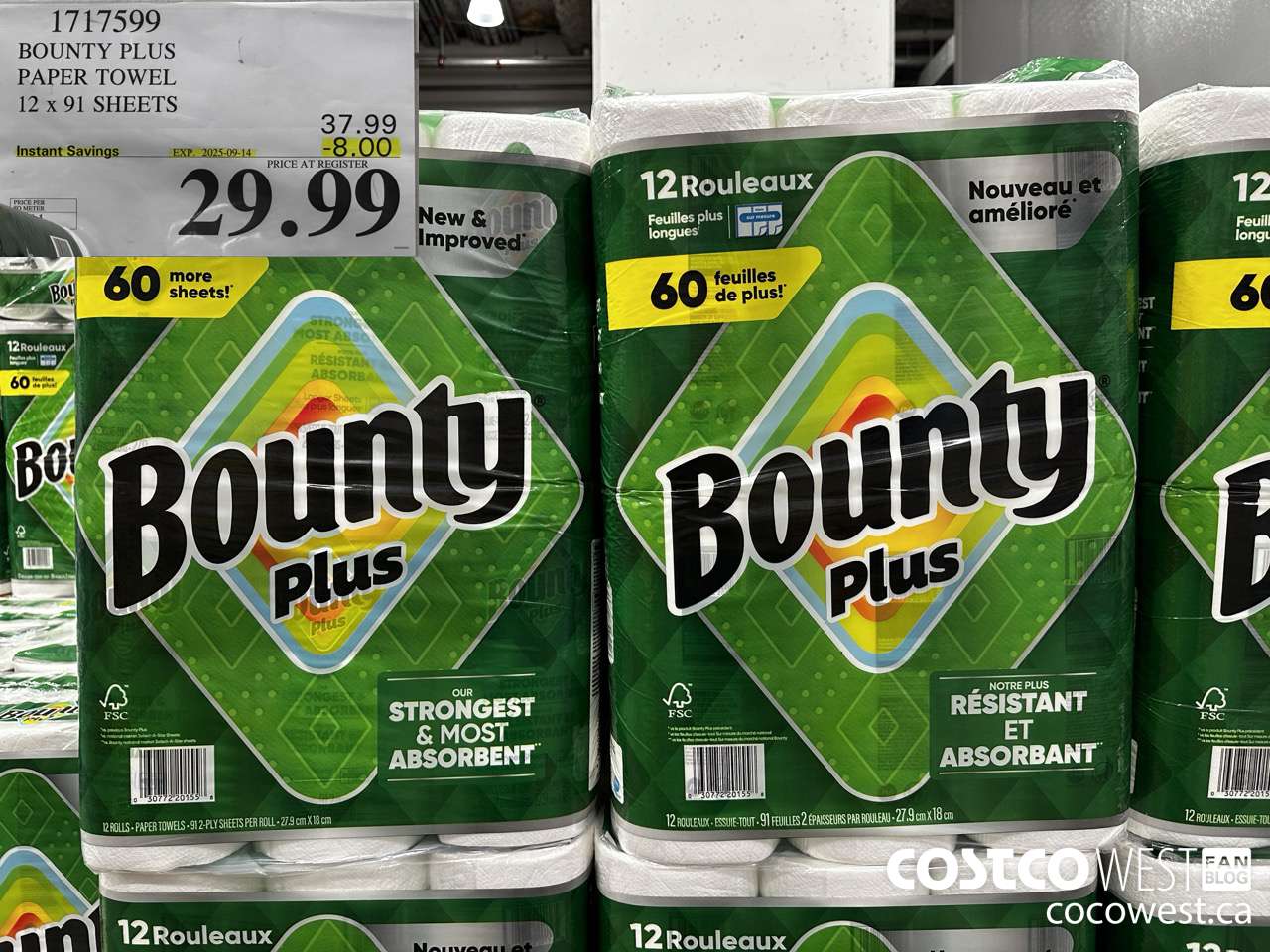 1717599 BOUNTY PLUS PAPER TOWEL 12 X 91 SHEETS ($8.00 INSTANT SAVINGS EXPIRES ON 2025-09-14) $29.99