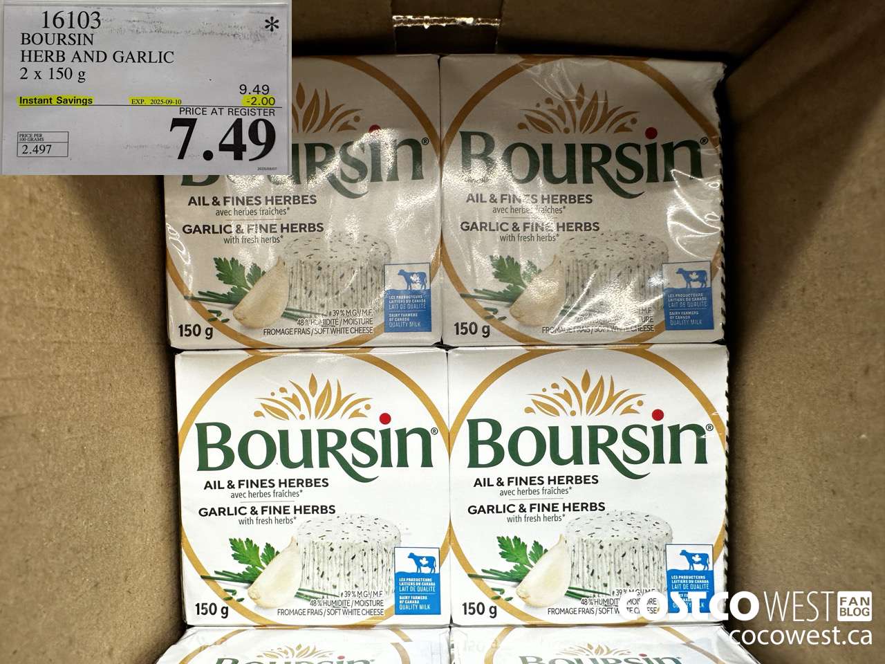 16103 BOURSIN HERB AND GARLIC 2 x 150 g ($2.00 INSTANT SAVINGS EXPIRES ON 2025-09-10) $7.49