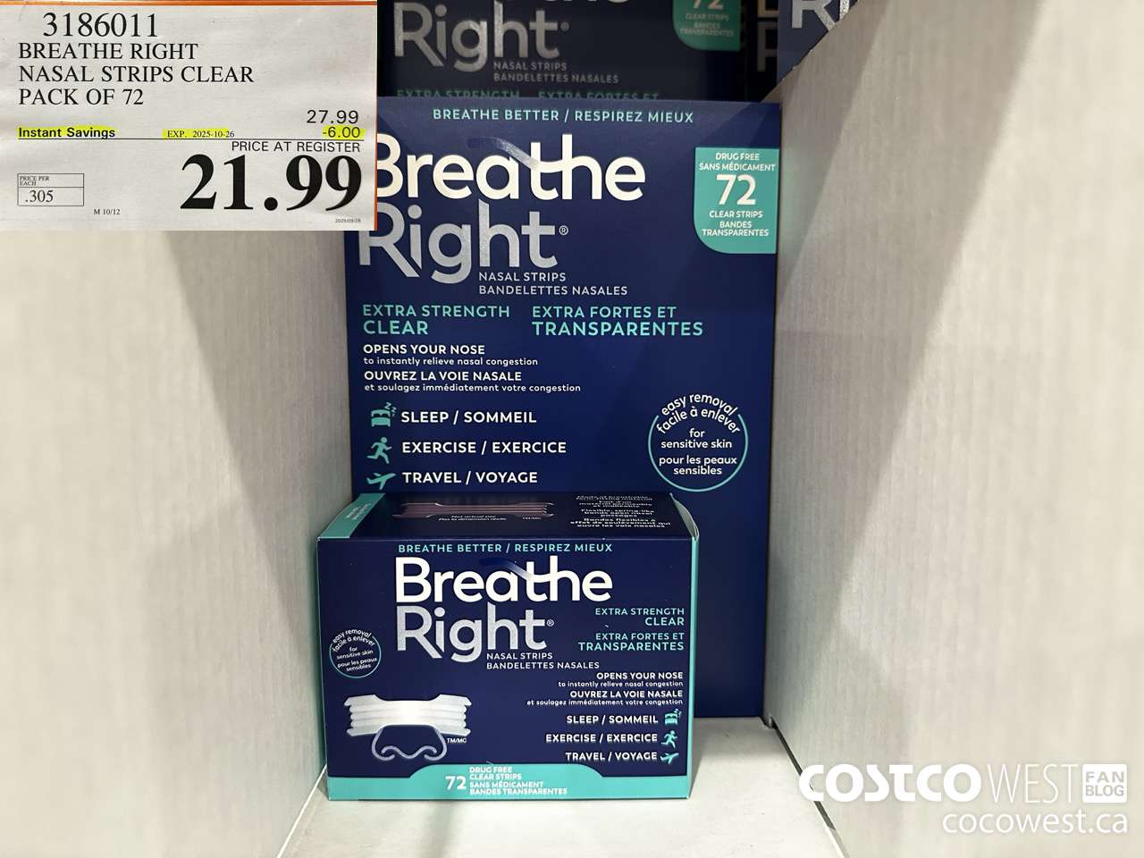 3186011 BREATHE RIGHT NASAL STRIPS EXT CLEAR PACK OF 72 ($6.00 INSTANT SAVINGS EXPIRES ON 2025-10-26) $21.99