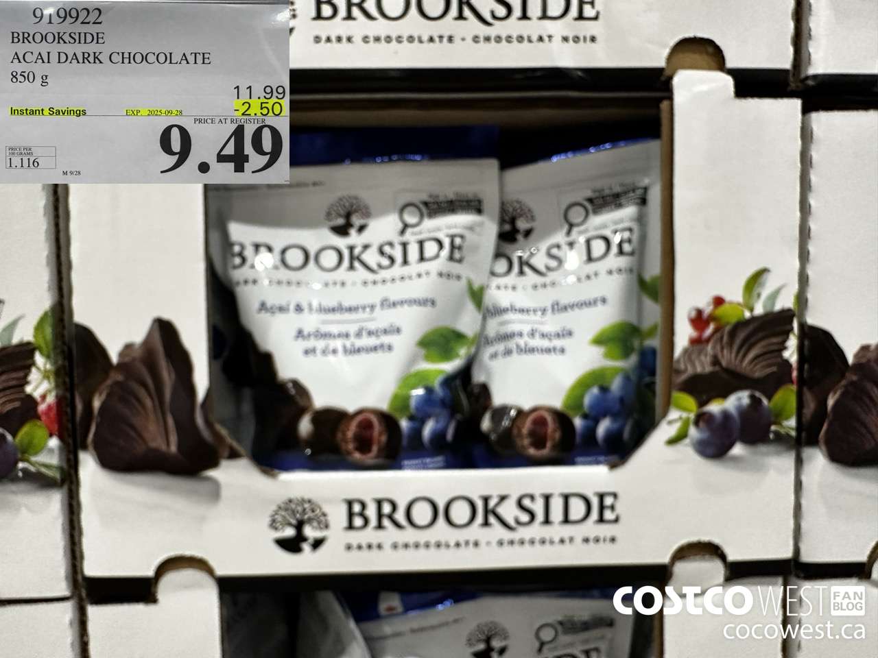 919922 BROOKSIDE ACAI DARK CHOCOLATE 850 g ($2.50 INSTANT SAVINGS EXPIRES ON 2025-09-28) $9.49