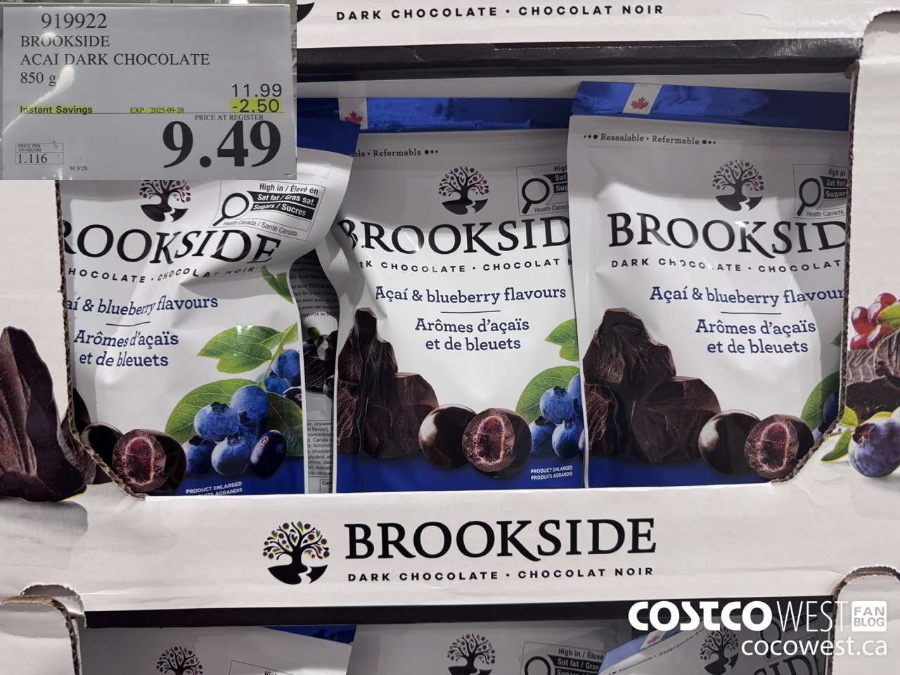 919922 BROOKSIDE ACAI DARK CHOCOLATE 850 g ($2.50 INSTANT SAVINGS EXPIRES ON 2025-09-28) $9.49